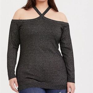 Torrid metallic PULLOVER CROSS NECK COLD SHOULDER SWEATER